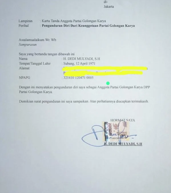 Dedi Mulyadi Tak Sebutkan Alasan Pengunduran Diri dari Partai Golkar