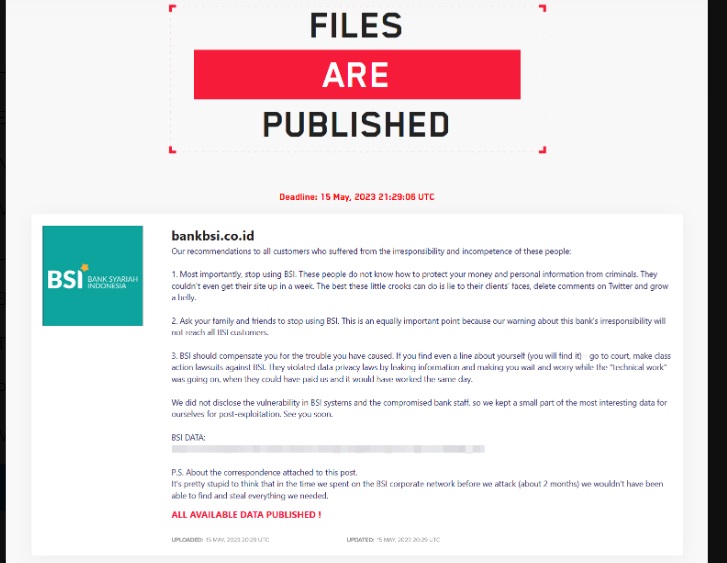 Kelompok Ransomware Lockbit Akhirnya Sebar 1,5 TB Data Karyawan dan Nasabah BSI ke Internet, Cari di DarkWeb