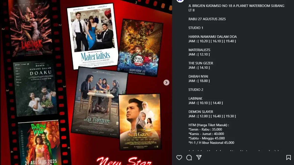 Jadwal Bioskop NSC Subang Rabu, 27 Agustus 2025: Semua Genre Lengkap!