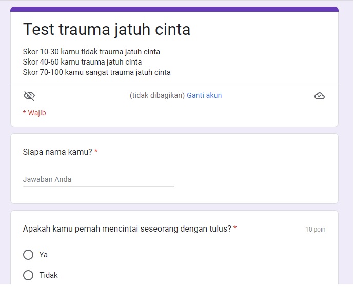 Link Tes Ujian Trauma Jatuh Cinta yang viral di medsos