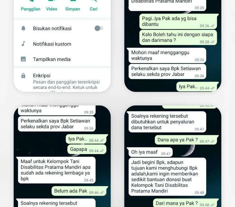 screenshot whatsapp penipu kepada mitra petani milenial yang mengatasnamakan Sekda Jabar