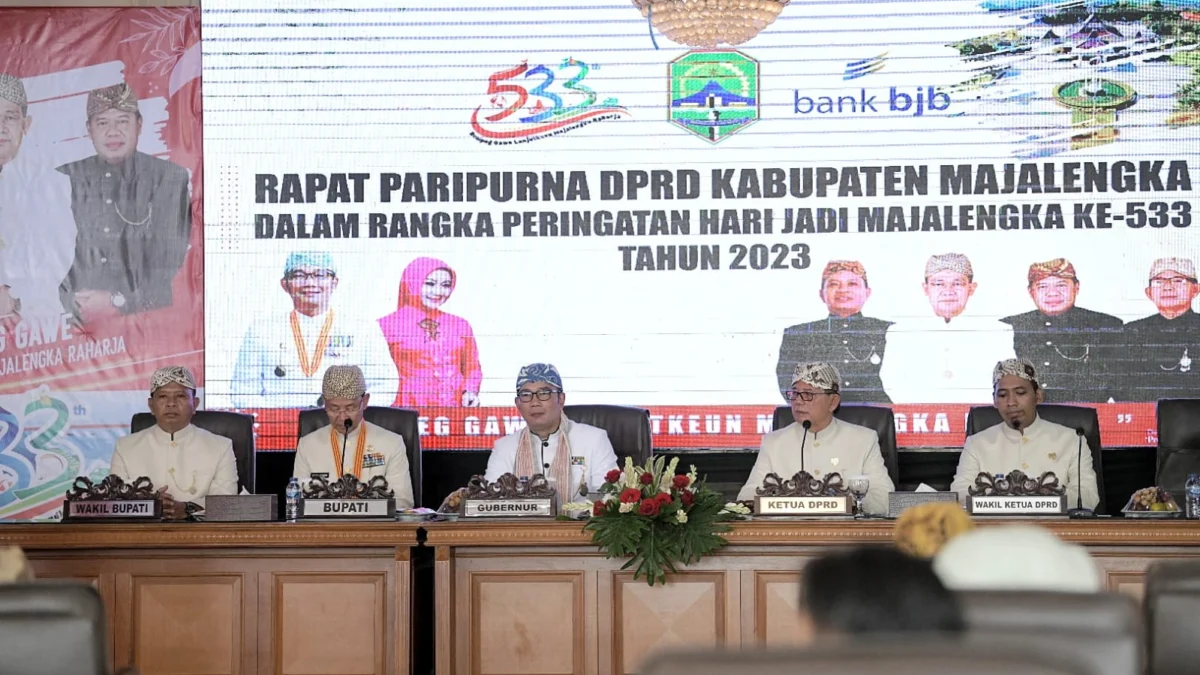 Gubernur Jawa Barat Ridwan Kamil menghadiri Rapat Paripurna DPRD Kabupaten Majalengka memperingati Hari Jadi ke-533 Majalengka di Pendopo Gedung Negara Kabupaten Majalengka. Rabu 7 Juni 2023. -Biro Adpim Jabar-