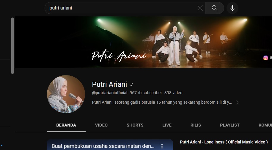 Akun Youtube Putri Ariani