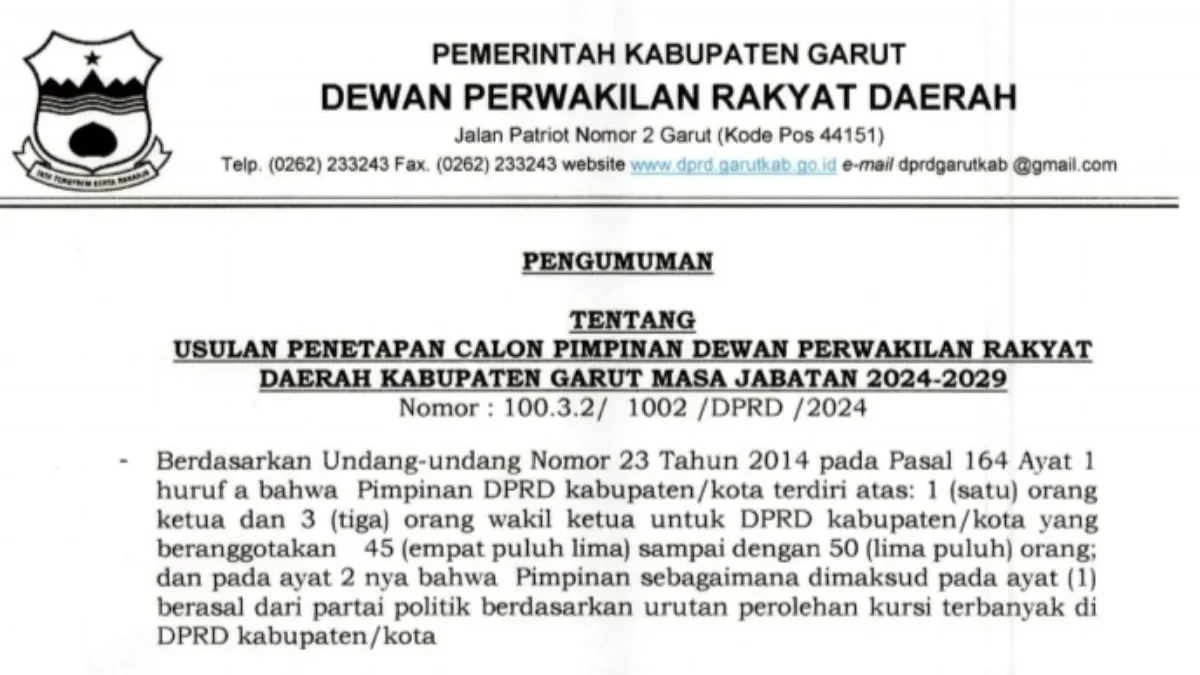 surat pengumuman usulan penetapan calon pimpinan DPRD Garut periode 2024-2029