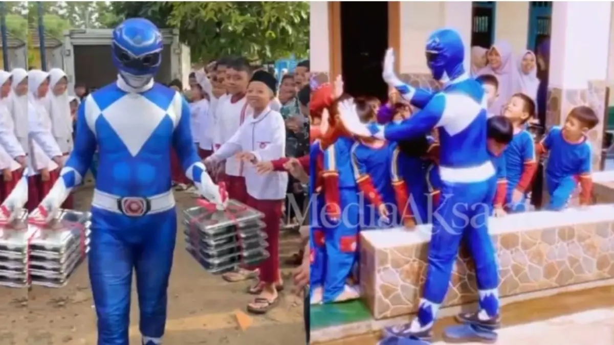 Unik! Power Ranger Bagikan MBG di SD Darul Amal Jampangkulon Istimewa