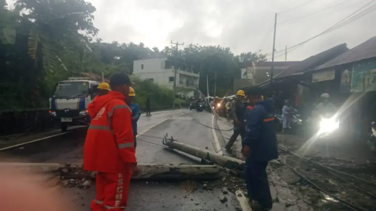 Tiang Listrik dan Pohon Tumbang Tutup Ruas Jalan Nasional Akibat Hujan Deras Istimewa