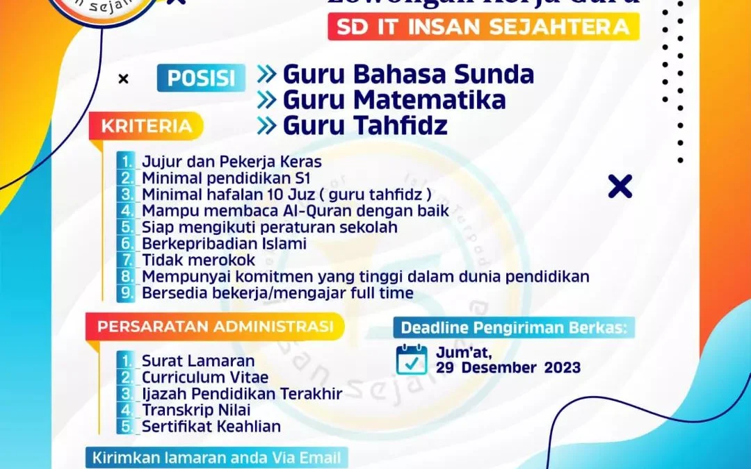 Loker SD IT Insan Sejahtera Sumedang Posisi Guru Matematika, Guru Bahasa Sunda dan Guru Tahfidz