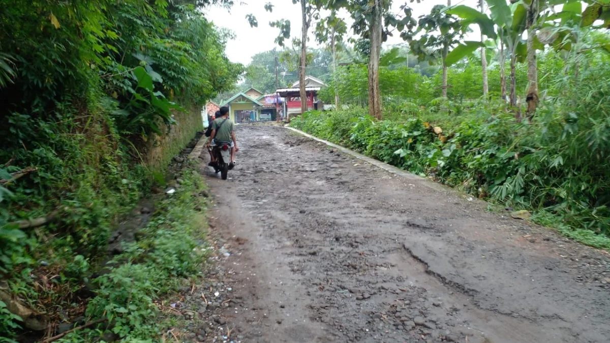 BERLUBANG: Pemotor saat melintasi jalan di pertigaan Pamekarsari yang berlubang, membuat pengendara terganggu