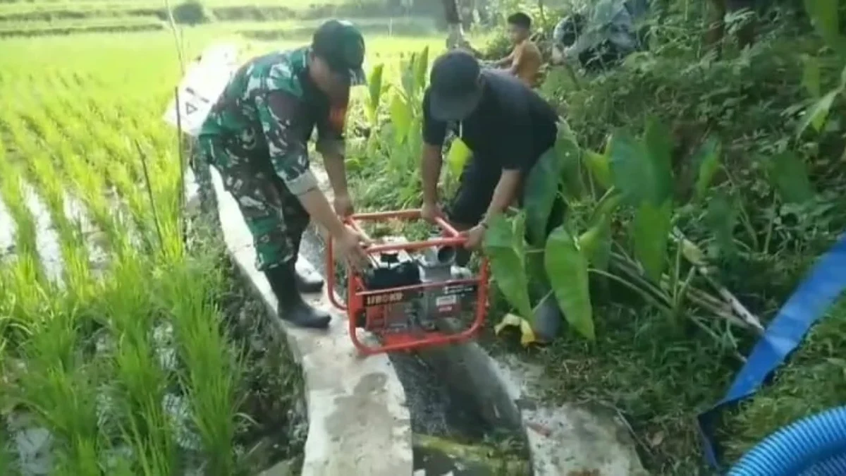 PENGECEKAN: Babinsa Desa Neglasari Sertu Atep Dedi Iskandar bersama warga memonitoring Mesin pompa air di D