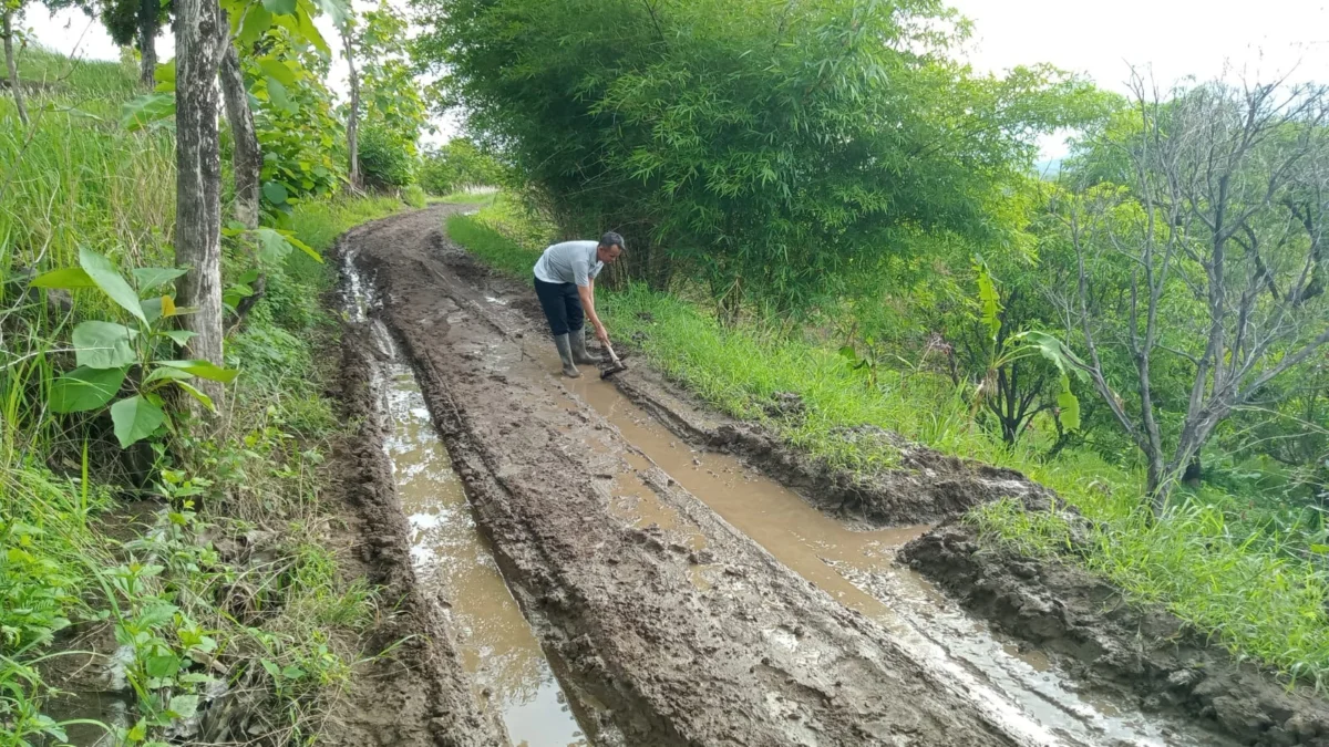 MEMPRIHATINKAN: Seorang warga sedang memperbaiki jalan yang terendam banjir karena kondisi jalan yang menuju M