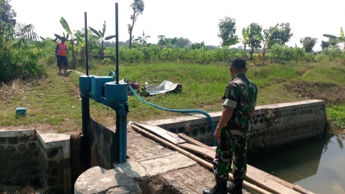 PANTAU: Salah satu anggota TNI pada saat memantau aliran air irigasi untuk penyiraman sawah di Ujungjaya, bar