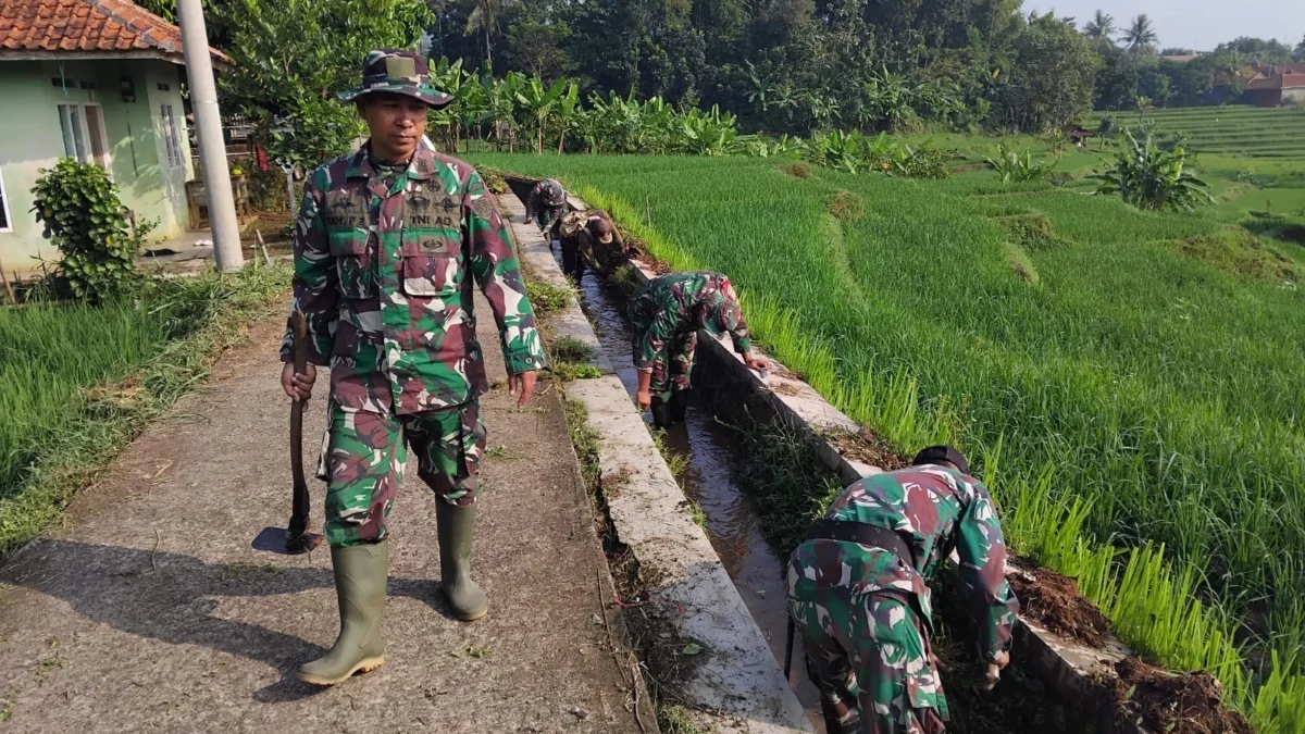 BERSINERGI: Anggota Danramil 1010/Darmaraja saat membersihkan saluran irigasi di Desa Neglasari, Kamis (20/6).