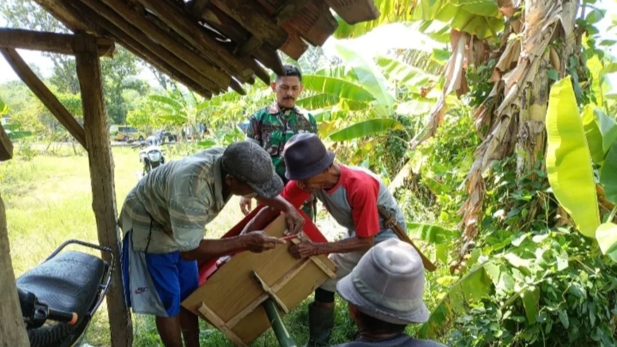 PASANG: Babinsa Desa Bugel Koramil 1009/Tomo Serma Wawan Ridwan saat membuat Rumah burung hantu (Rubuha) di To