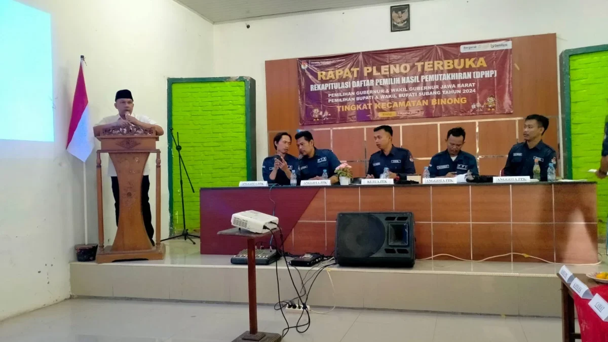 Ketua PPk Kecamatan Binong Rama Kurniawan saat memimpin pleno rekapitulasi DPHP Kecamatan Binong