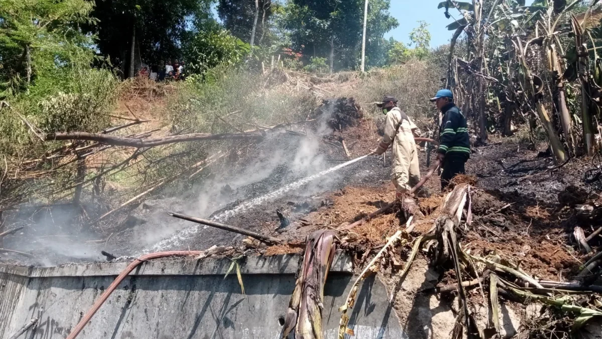 PADAMKAN: Petugas Pemadam Kebakaran wilayah Sumedang Kota saat memadamkan lahan yang kebakaran di Desa Jatimul