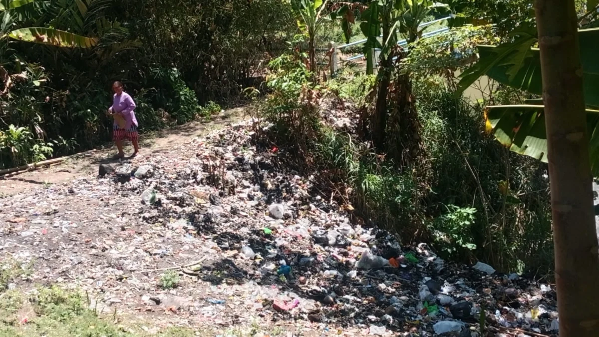 MENUMPUK: Tumpukan sampah yang cukup memprihatinkan di Sungai Cipeles, Blok Padasuka, Kecamatan Sumedang Selat