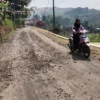 LEWAT: Salah satu pengendara pada saat melintas di jalan Cipulus yang rusak, baru-baru ini.