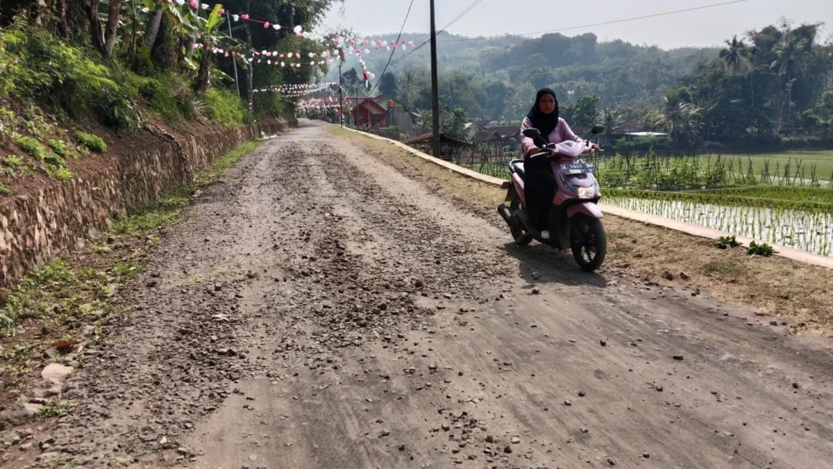 LEWAT: Salah satu pengendara pada saat melintas di jalan Cipulus yang rusak, baru-baru ini.