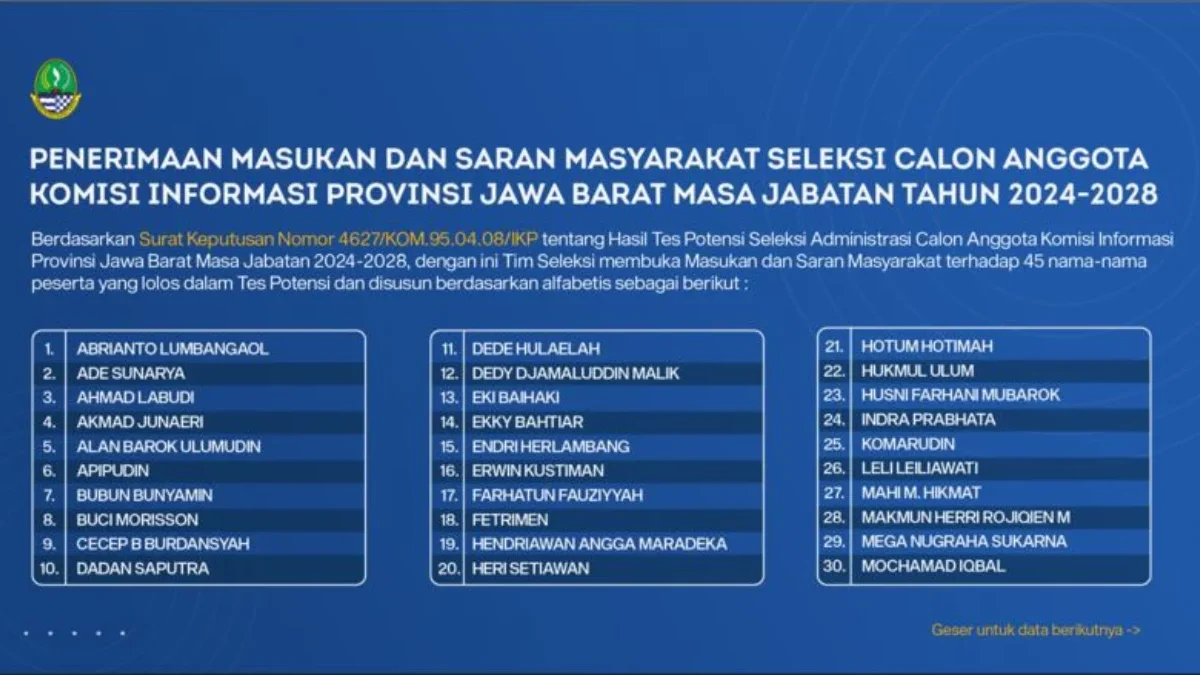 45 Peserta Lolos Tes Potensi Komisi Informasi Provinsi Jabar