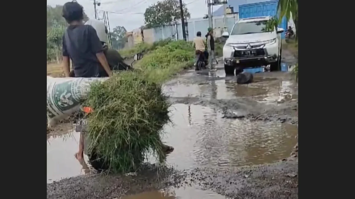 MEMPRIHATINKAN: Sejumlah pengendara saat melintas dijalanan yang rusak di Desa Raharja di Kecamatan Tanjungsar