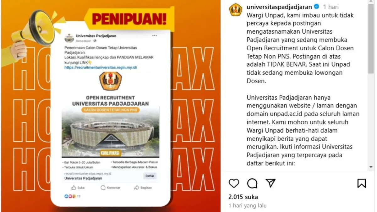 PENIPUAN: Postingan penerimaan Dosen Tetap-Non PNS yang beredar di media sosial tidak benar (Hoaks).