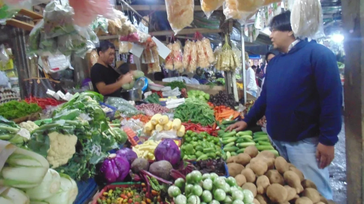 MELONJAK: Salah satu pedagang sayuran di Pasar Inpres Sumedang saat melayani pembeli, Rabu (18/12).