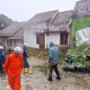 RUNTUH: Dua rumah rusak tertimpa pohon albasiah yang tumbang di Desa Girimukti Kecamatan Sumedang Utara.