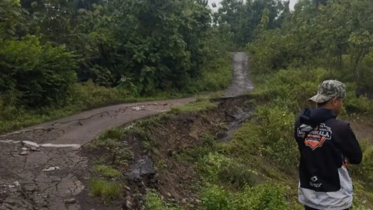 BENCANA: Ruas jalan Kabupaten Cacaban-Ungkal terancam terputus setelah mengalami longsor.