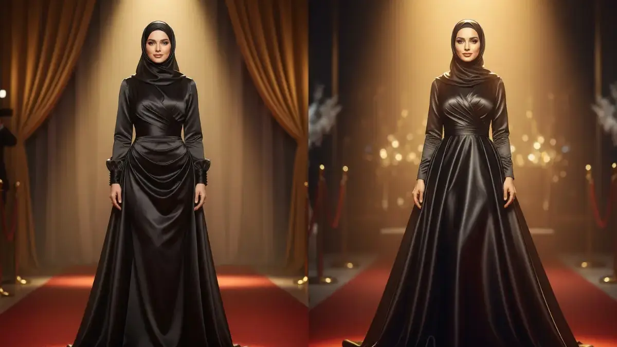 Edit Foto Wanita Berhijab Pakai Gaun Satin Hitam Elegan dengan Sentuhan AI