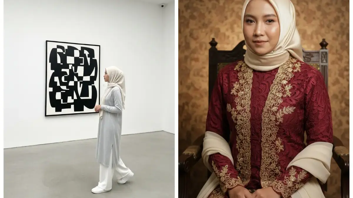 10 Perintah Edit Foto Cewek Berhijab Dari Pose Estetik di Galeri Seni Sampai Glamour Tradisional Dengan AI