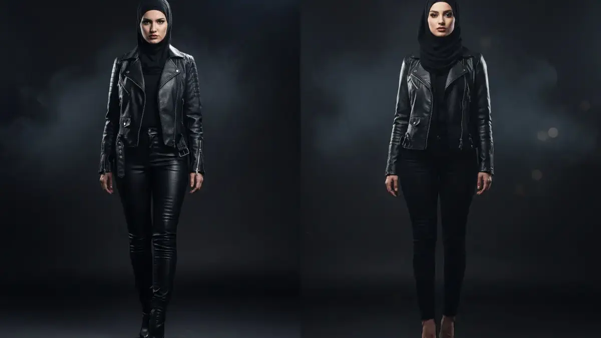Edit Foto Wanita Berhijab dengan Jaket Kulit Hitam, Tampil Edgy dan Modern