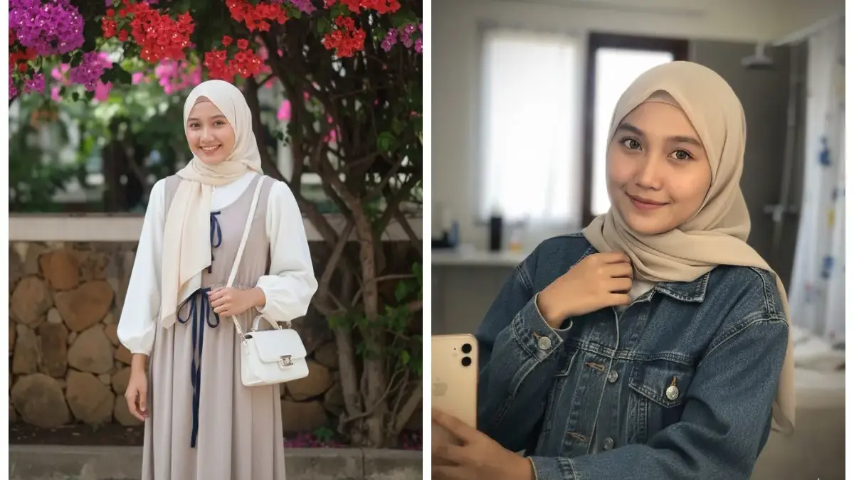 5+ Prompt AI Edit Foto Cewek Berhijab Dari Nuansa Estetik di Taman Bunga Bougenville Sampai Mirror Selfie