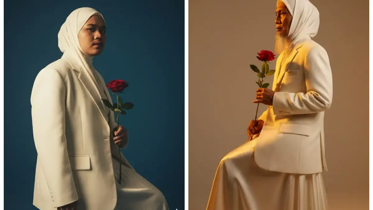 Anggun, Manis dan Romantis, Prompt Edit Foto Wanita Berhijab Duduk Santai dengan Mawar