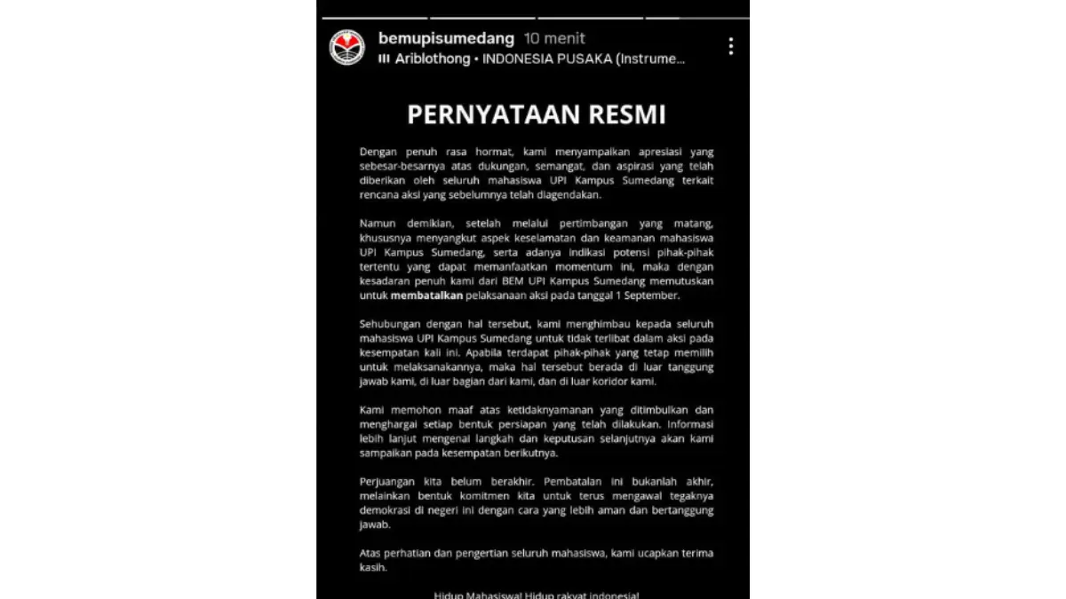 Demi Keselamatan Mahasiswa, BEM UPI Kampus Sumedang Batalkan Aksi Demo 1 September 2025