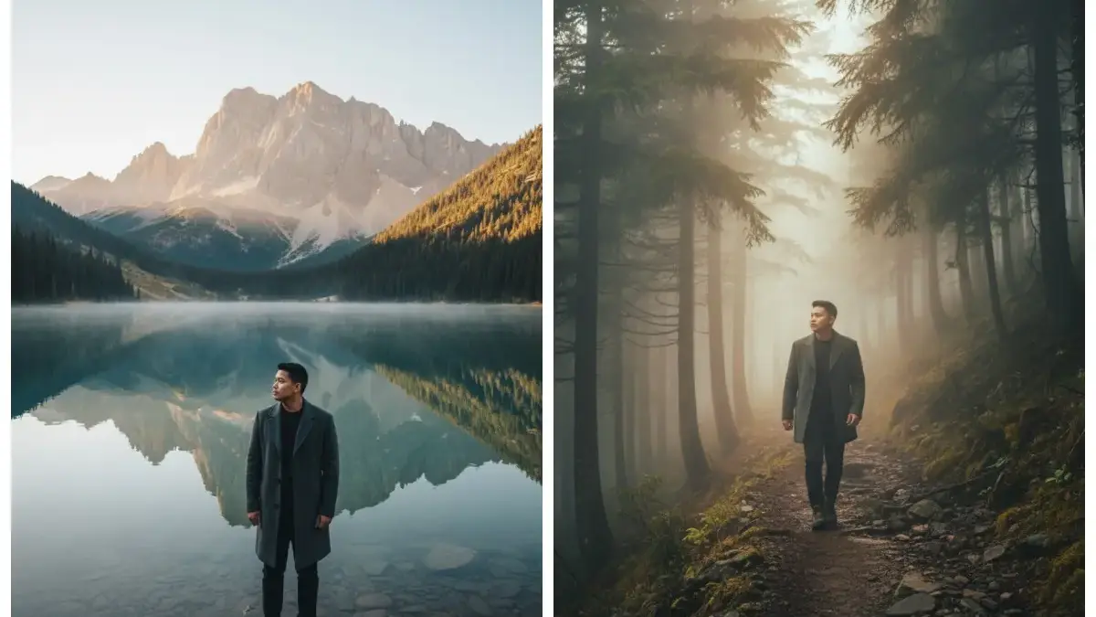 Edit Foto Nuansa Tenang Saat Berdiri di Tepi Danau Pegunungan dengan Prompt Gemini AI