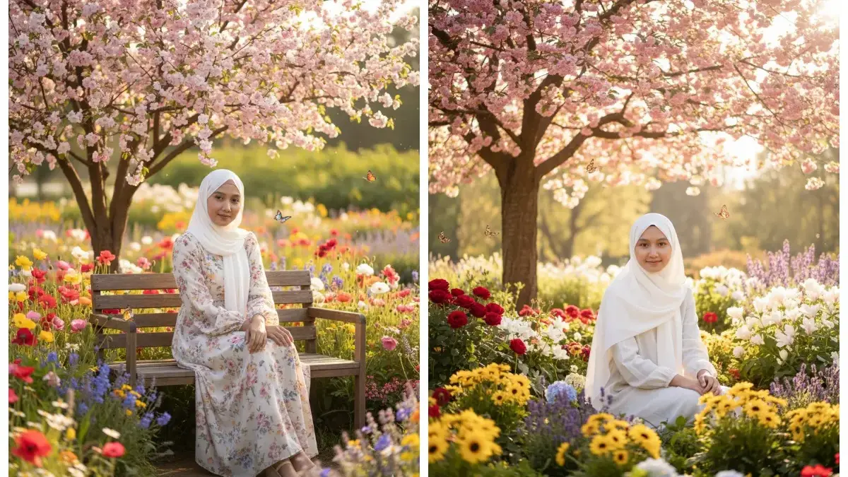 5 Prompt AI Edit Foto Momen Tenang di Taman Bunga, Senyum Lembut di Bawah Senja 5 Prompt AI Edit Foto Momen Tenang di Taman Bunga, Senyum Lembut di Bawah Senja