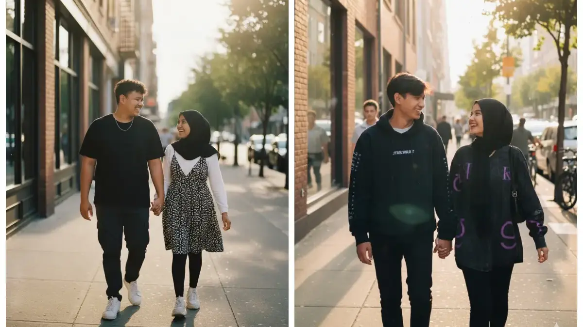 Edit Foto AI Jalan-Jalan Sore Romantis di Kota, Bikin Momen Bersama Pasangan Terlihat Aesthetic