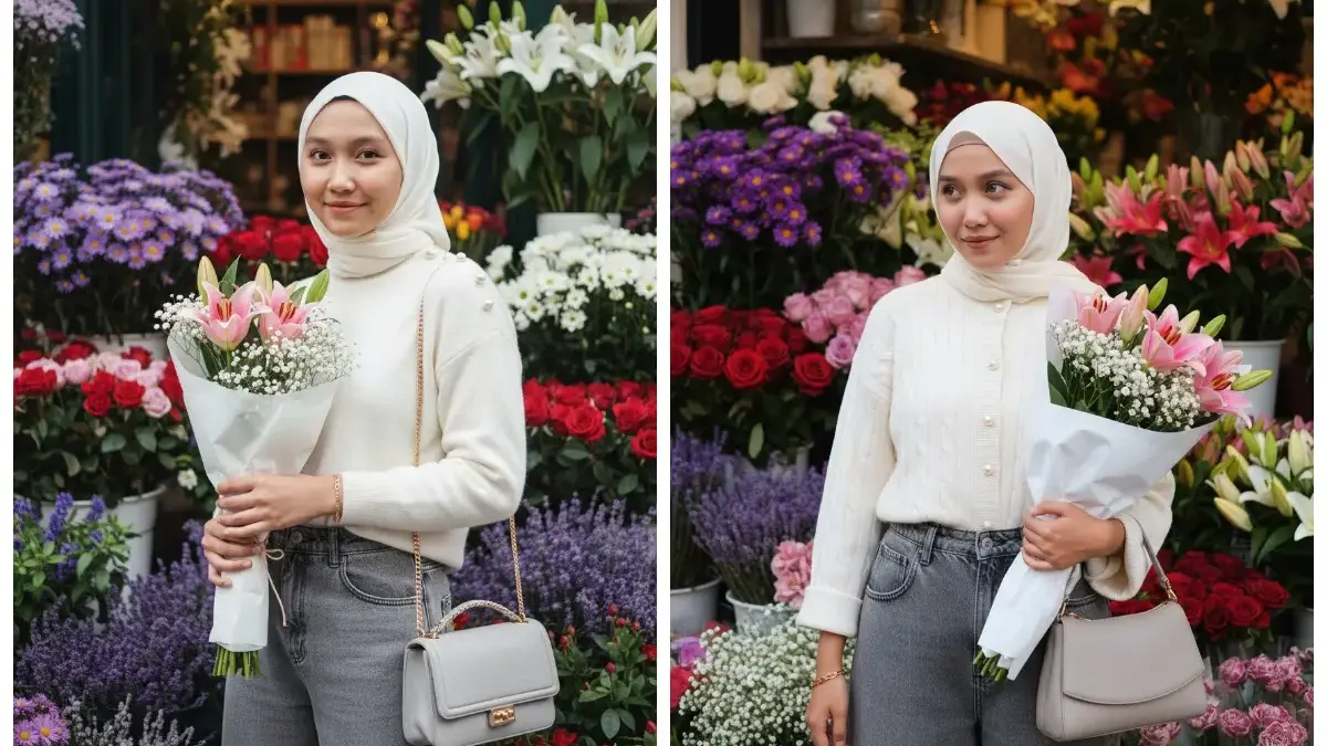Bikin Kamu Tambah Manis! 5 Prompt Edit Foto AI Cewe Estetik di Tokok Bunga Membawa Buket