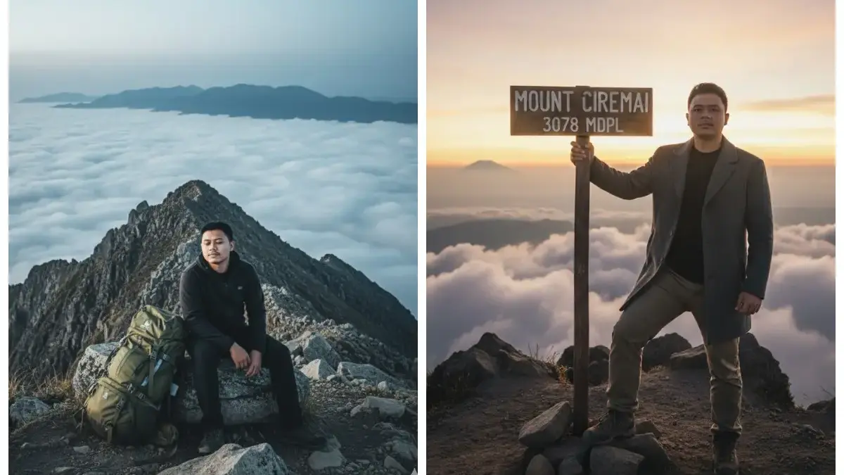 Edit Foto Sedang Beristirahat di Punggungan Gunung dengan Gemini AI: Kumpulan Prompt Tema Hiking