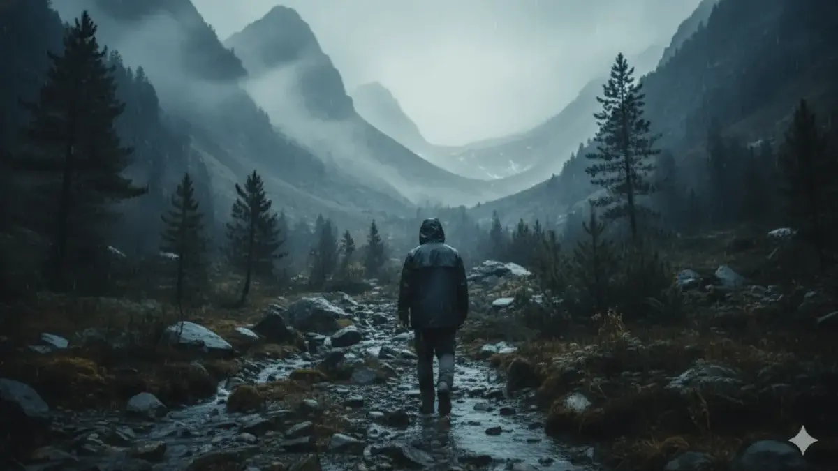 Epic Moment! Prompt Gemini AI Edit Foto Berjalan Saat Hujan di Lembah Pegunungan