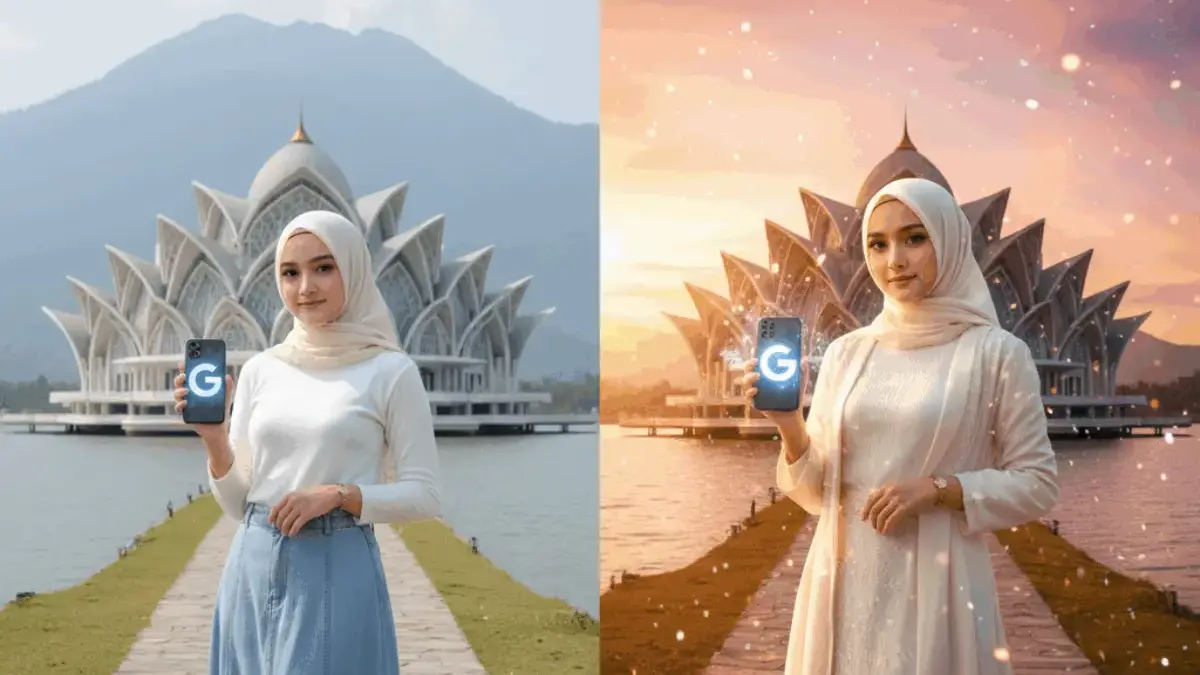 Edit Foto Perempuan Berhijab Ala Modest Fashion di Masjid Al-Kamil Sumedang Pakai Gemini AI: Tampil Memukau