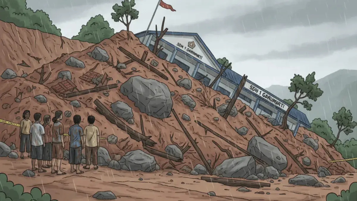 Hujan Deras Picu Longsor di Pamulihan Garut, Bahu Jalan dan SDN 1 Garumukti Tertimbun Material