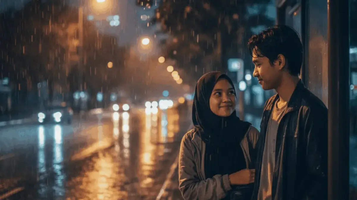 5 Prompt AI Berteduh di Bawah Halte Bus saat Hujan Bersama Pacar, Solusi Edit Foto Romantis