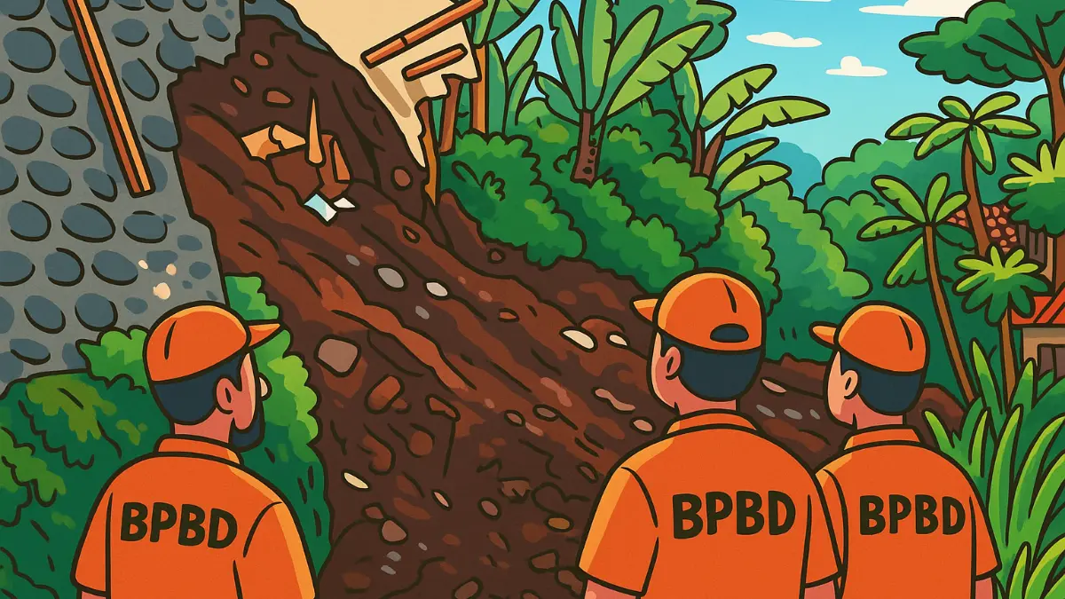 Ilustrasi Tembok Penahan Tanah (TPT) Ambruk (foto: Ai GPT)