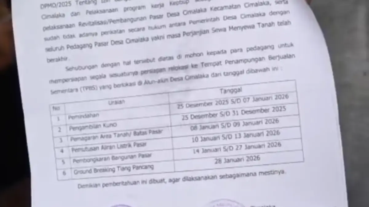 Jadwal pelaksanaan relokasi Pasar Cimalaka.(tangkapan layar)