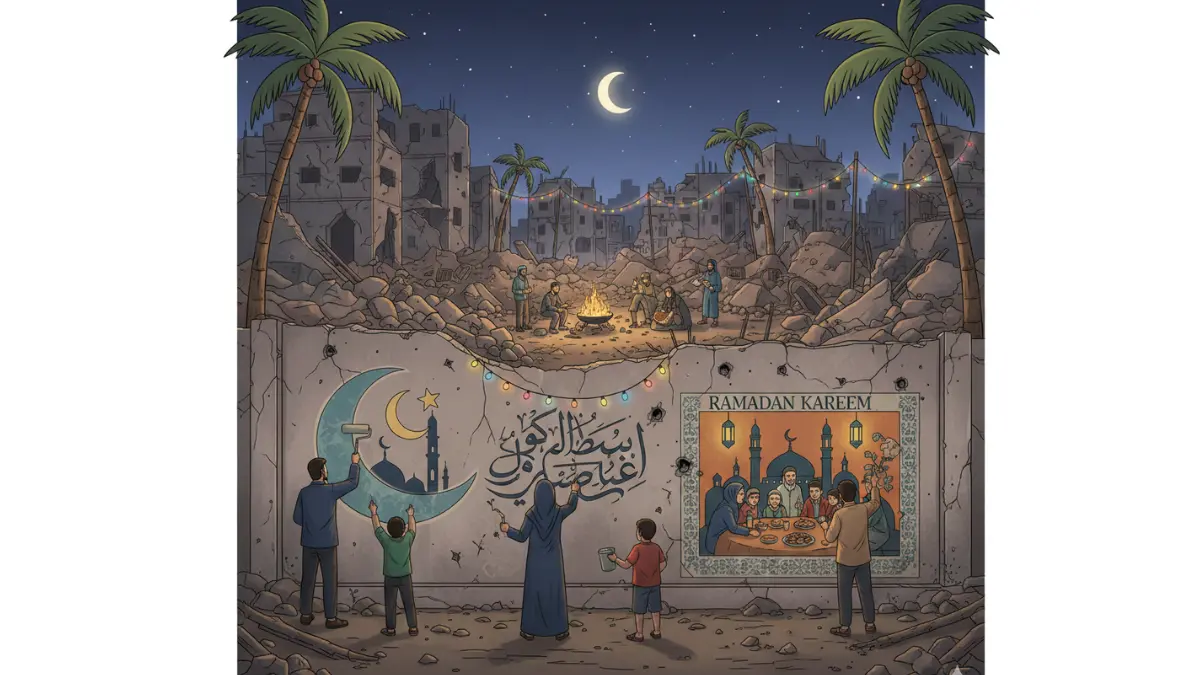 Warga Gaza Menyambut Bulan Suci Ramadhan Penuh Semangat dengan Lukisan Mural di Tembok Reruntuhan